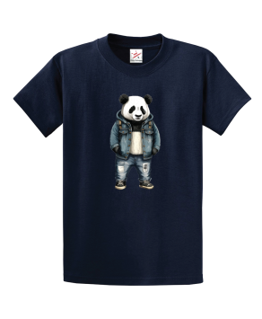 Panda Wears Jean Coat Unisex Kids and Adults T-Shirt